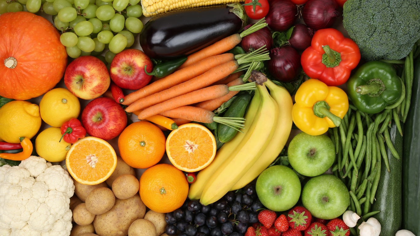 Colorful assortment of fresh fruits and vegetables.